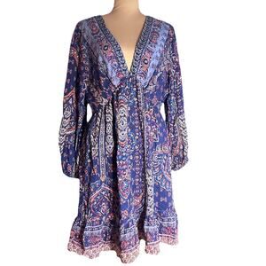 Nostalgia Navy Blue Babydoll Boho Tunic Mini Dress V-Neck Balloon Sleeve Size XL